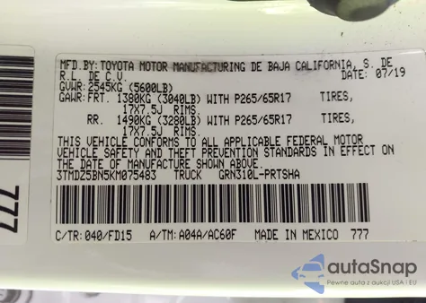 2019 Toyota Tacoma Trd Sport z USA, uszkodzony, nr VIN 3TMDZ5BN5KM075483